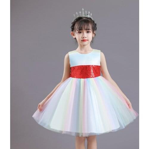 Child Clothes Gradient Color Rainbow Dress Big Bow Sequins Kids High-end Princess Dress Girls Birthday Dress Baby Party Clothes