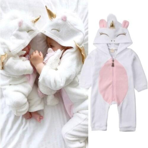 Pudcoco Newborn Baby Girl Unicorn Flannel Romper Cute Cartoon Jumpsuit with Golden Wing Outfits Clothes Winter 0-2T