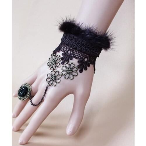 Good Quality Luxury Black Lace and Flower Metals Hand and Finger Bracelet