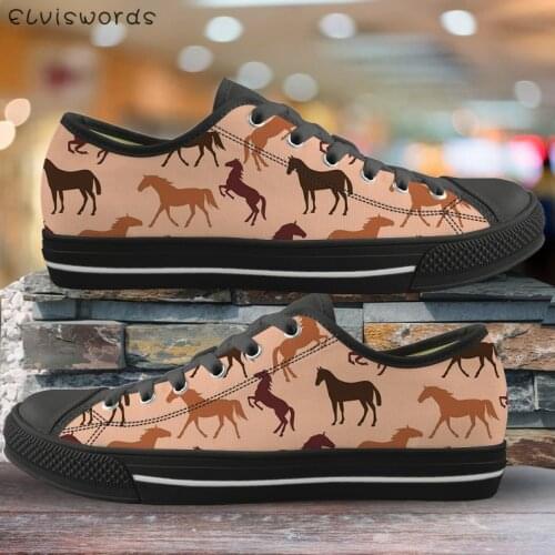 ELVISWORDS Retro Color Running Horse Print Women Low Top Canvas Shoes Girls Lace Up Lightweight Walking Sneaker Zapatillas Mujer