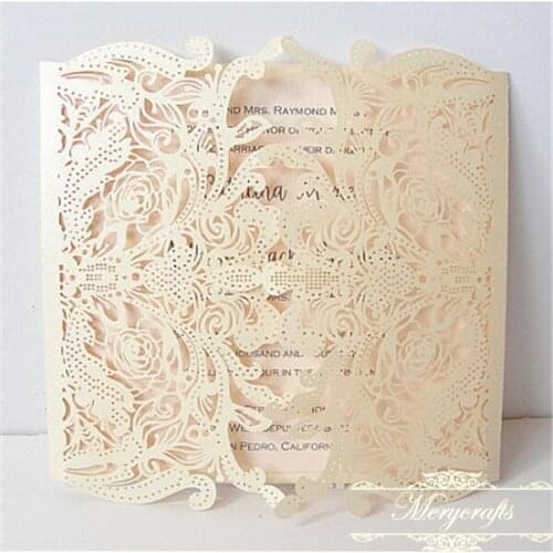 Laser cut lace ivory pearl color elegant wedding invitation card