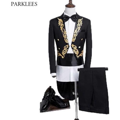 Gold Floral Embroidery Tuxedo Tailcoat Men Slim Fit 4 Pcs Dress Suits Mens Pianist Prom Wedding Dinner Swallow-Tailed Coat Black