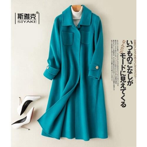 New High End Popular Malachite Blue Double Faced Cashmere Coat in Autumn and Winter of 2021