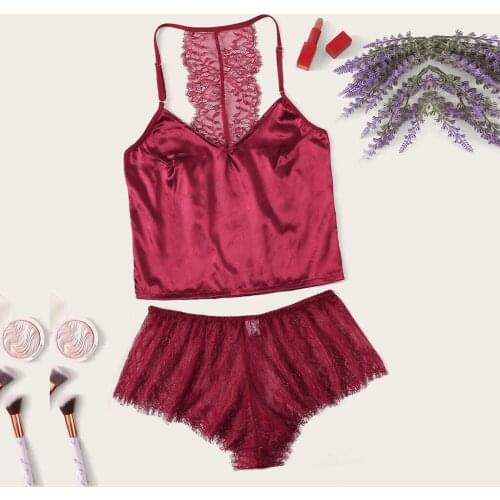 Sexy Lingerie Pajama Set Lace Sling 4 Sizes Summer Sleeveless V Neck Red Lace Shorts Pijama Home Suit for Women 2021 Hot Sale