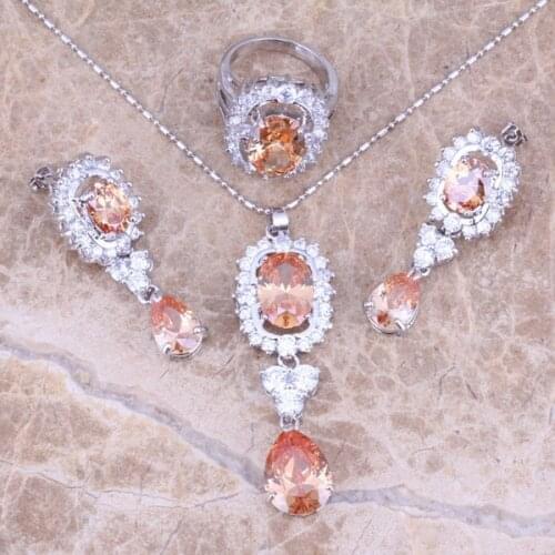 Elegant Morganite White CZ Silver Plated Jewelry Sets Earrings Pendant Ring Size 6 / 7 / 8 / 9 / 10 S0044