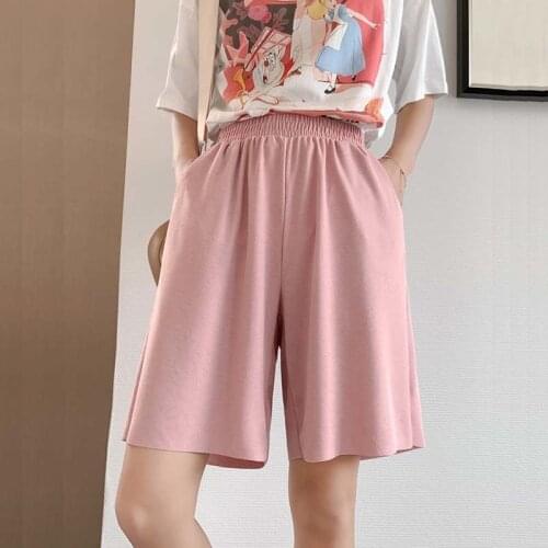 Wide Leg Short Pants Woman Summer Casual Ice Silk Straight Shorts Female Solid Elastic Waist Plus Size Slacks Short for Girls