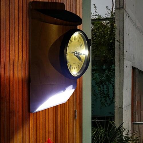 Solar Outdoor Wall Lamp Body Infrared Detecion+LightControl IP44 White Light Black/Brown Wood Grain Clock/Hygrometer/Thermometer