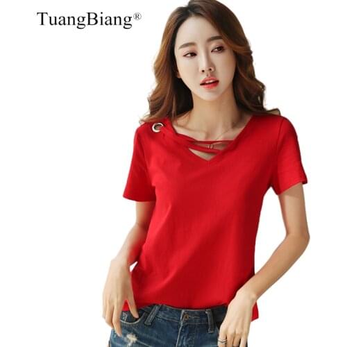 Ladies Solid Color Slim 2021 Summer Bamboo Cotton T-Shirts Women Metal Ring V-Neck Short Sleeve Tshirts Sexy Hollow Out Red Tops
