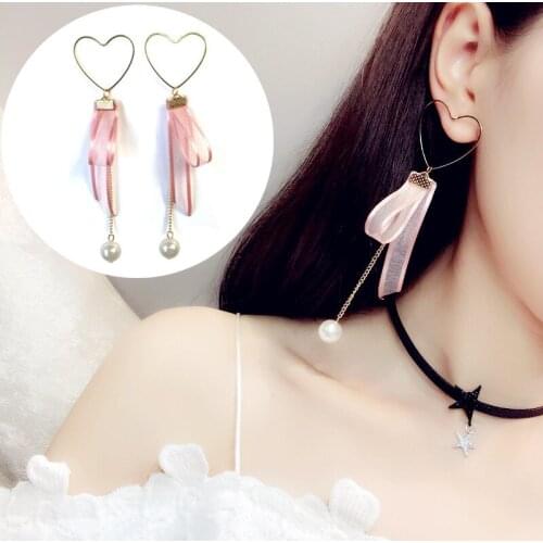 Korean Sweet Style Heart Earrings Womens Jewelry Imitation Pearl Stud Earrings Lace Tassels Eardrop Female Accessories Present