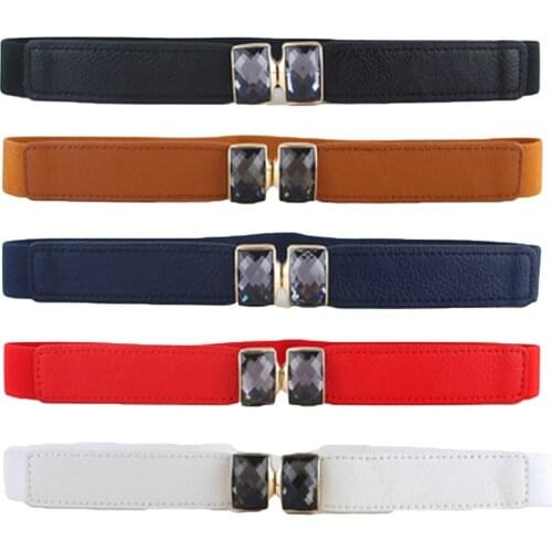 Women Fashion Skinny Faux Leather Rhinestone Buckle Elastic Stretch Waist Belt BLTLL0111