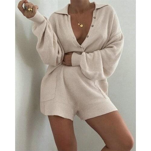 New Single-breasted Design Pockets Decor Turn-down Collar Long Sleeve Casual Loose Jumpsuits Fashion Women Solid Color Playsuits
