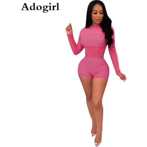 Pink Color Sexy 2 piece Women Set Long Sleeve Bodysuit + Shorts Pants Summer Beach Tracksuit Sporty Overalls