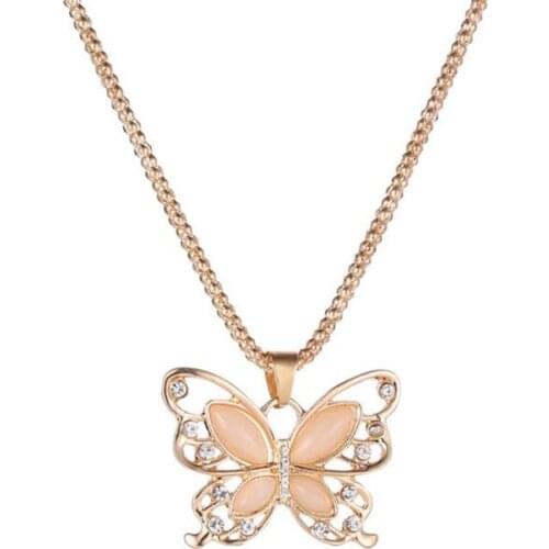 Women Lady Necklace Choker Pendientes Rose Gold Opal Butterfly Pendant Exquisite Sweater Chain Oorbellen