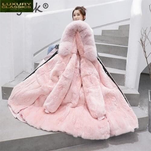 Coat Winter Real Fur Women Natural Rex Rabbit Fur Parka 2021 Korean Thick Warm Fit Long Jacket Fox Fur Hooded Hiver PK-9T