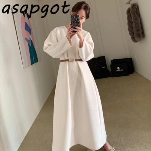 Chic Korean Elegant V Neck Loose Waist White Puff Sleeve Woolen Dress Long with Belt Temperament Casual Fashion Retro Vestidos