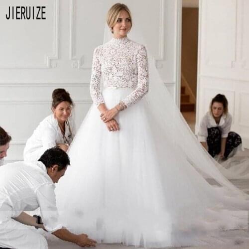 JIERUIZE Vintage Boho Wedding Dresses High Neck Long Sleeve Zipper Back Lace Top Wedding Gowns Vestidos De Novia Bridal Gowns