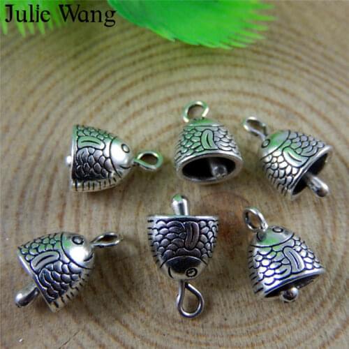 Julie Wang 10PCS Fish Head Bell(No Sound) Charms Antique Silver Color Alloy Pendant Jewelry Necklace Bracelet Making Wholesale
