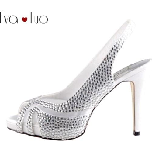 CHS024 Custom Made White Crystal Slingbacks high Heels Women Shoes Dress Sandals Bridal Wedding Shoes Prom Shoes Big Size