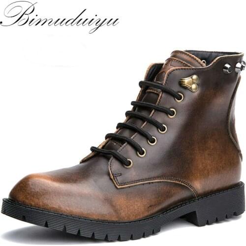 BIMUDUIYU Autumn Winter Shoes Single/Winter Plush Rivet Leather Men Snow Boots Vintage Casual Motorcycle Male Botas Large Size