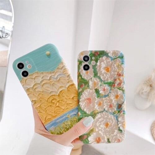 Retro Art oil painting landscape flowers Phone Case For iPhone 11 Pro XR XS Max 7 8 Plus SE Fashion daisy Floral Silicone Cover