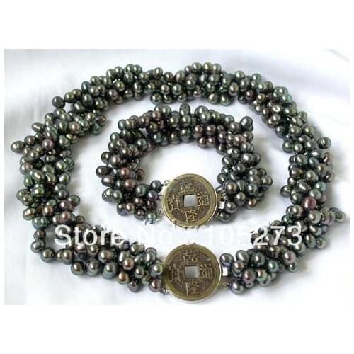 Elegant Natural Pearl Jewelry Set 17'' 4 Strands 7-8mm Black Freshwater Pearl Necklace Bracelet Old Coin Clasp New Free Shipping