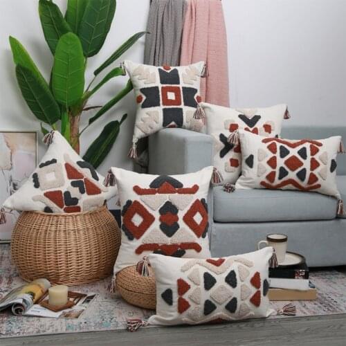 Boho Geometric Tufted Throw Pillow Case with Multicolor Tassel Farmhouse Woven Embroidery Decorative Cushion Cover