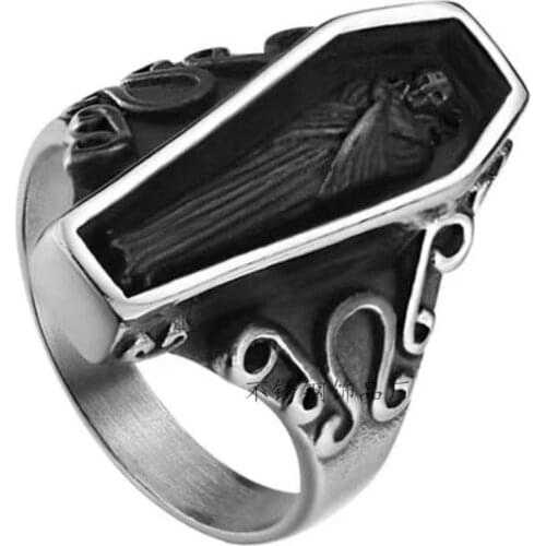 MIQIAO Stainless Steel Titanium Coffin Zombie Skull Evil Eyes Pharaoh Punk Vintage Rings for Men Women Couple Gift Jewelry Bague