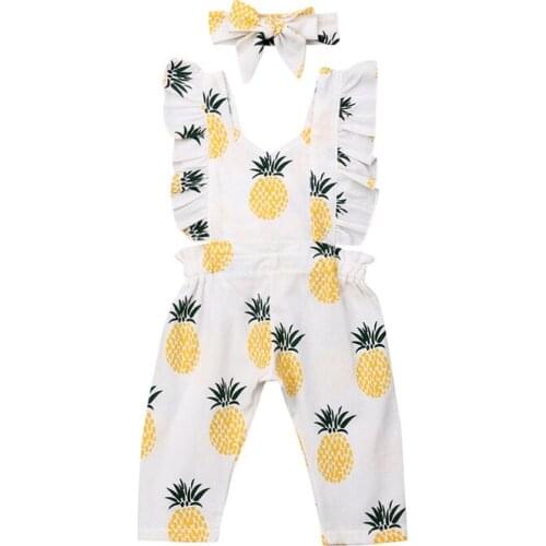 Newborn Baby Girl Boys 0-24M Pineapple Romper Clothes Ruffle Sleeve Yellow Jumpsuit Headband Holiday Outfit Set
