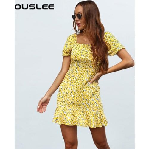 Ouslee Korean Women Summer Retro Boho Floral Print Short Dress Elegant Lantern Puff Sleeve Casual Cool Daily Mini Beach Dresses