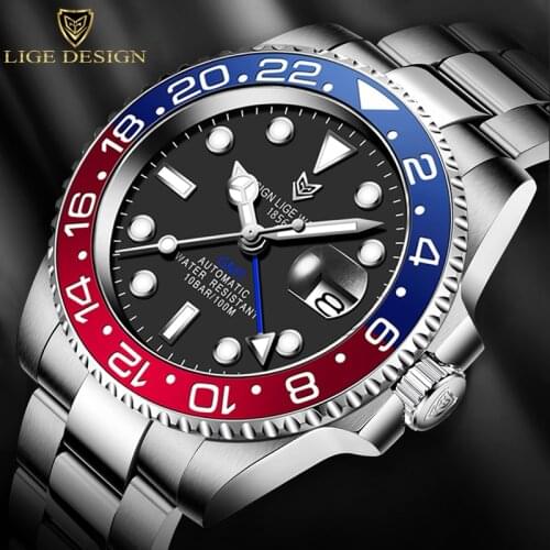 LIGE Men Watches Sapphire Glass 40MM Ceramic GMT Mechanical Watches Men 100m Waterproof Classic Fashion Luxury Automatic Watch
