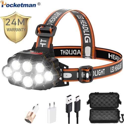 70000Lumens Powerful Headlamp USB Rechargeable Head Lamp 8 LED Headlight Waterproof Head Torch Lantern with built in battery