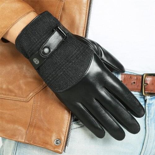 2020 New Mens Genuine Leather Gloves Male Autumn Winter Plush Lined Five Fingers Touchscreen Lambskin Leather Gloves M035NC2-1