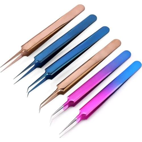 1PC New Tweezers Stainless Steel Gold Blue for eyelash extension high-precision eyelash extension tweezers set Thin tip 11.8*1cm