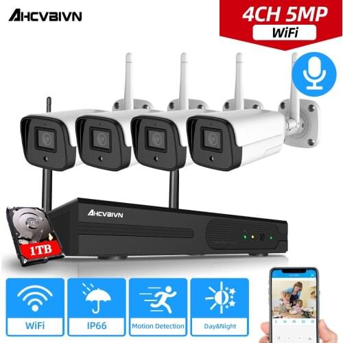 4CH CCTV System Wireless 5MP HD NVR 4PCS 5.0MP IR Outdoor Waterproof Day&Night P2P Wifi Security Camera Surveillance Kit 1920P