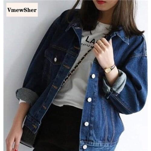 VmewSher New Spring Basic Women Jean Coat Long Sleeve Turn Down Collar Single Breasted Casual Autumn Denim Jacket Solid Outwear