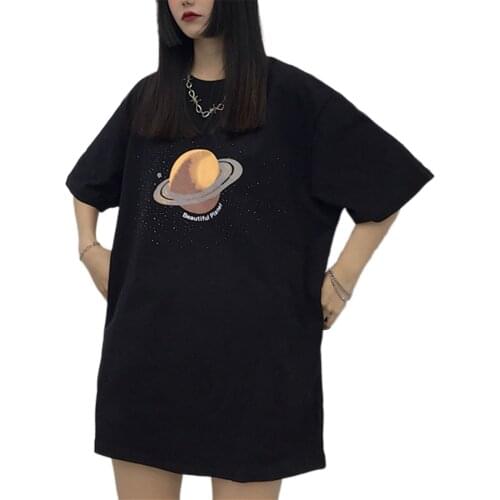 Womens Summer Casual Loose Cartoon Planet Print T-shirt 2020 Fashion Mid-Long Round Neck Tops Girls Cotton Tee Tshirts M-2XL