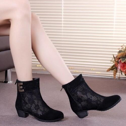 Thick Mid Heel Nubuck Leather Lace Floral Cut Out Pearl Rhinestone Women Summer Sandals Ankle Boots Plus Size 35-43 SXQ0527