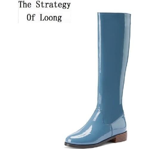 Spring Autumn Plus Size 40-45 Women Bling Cow Patent Leather Long Boots Winter Lady Plush Inside Knee High Knight Boots 191120