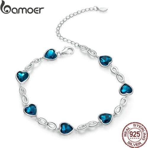 Bamoer Sterling Silver 925 Chain Bracelet for Women Wedding Engagement Statement Jewelry Blue Heart Luxury Jewelry SCB163