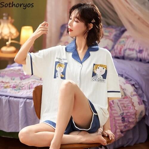 Women Pajama Sets Single Breasted Tops Printed Shorts Fresh Students Nightwear Cozy Females Home Lounge Fashion Popular Leisure