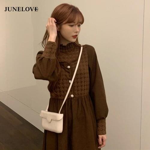 JuneLove Women Autumn Solid Elegant Stand Collar Dress Female Lantern Sleeve Lace Party Dress Lady High Waist A-line Vestidos