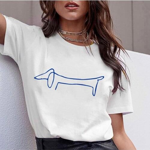 2021 Summer Womens T-shirt Cute Dachshund Teckel Printed T-shirt Casual White 90s Fashionable Retro T-shirt Ladies Top Tee Girl