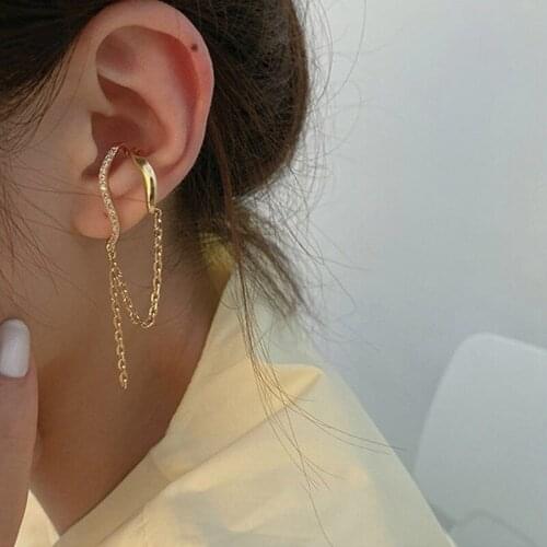 2021 New Zircon Inlaid Gold Plated Metal Chain Tassel Geometric Irregular Metal Ear Cuff Clip Earrings for Women Girls Jewelry