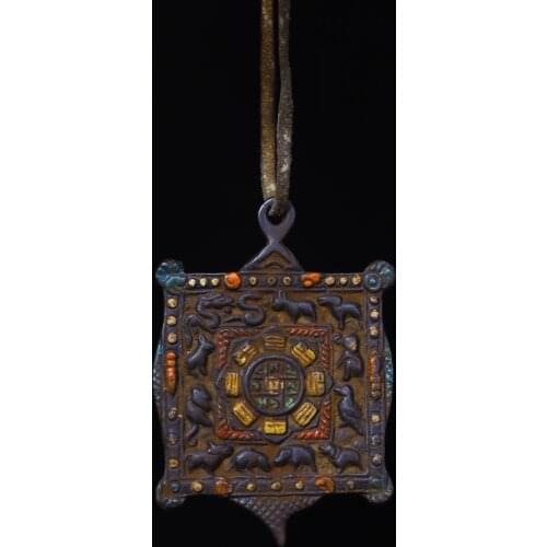 3"Nepal Buddhism Old Bronze Tracing Jiugong Gossip card Zodiac Statue Amulet Pendant Town House Exorcism Ward off evil spirits