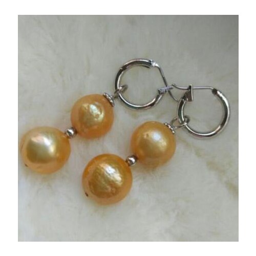 Free shipping>>>>noble jewelry New Baroque 11-13mm Golden South Sea Pearl Earrings 14K/20 YELLOW GOLD hook