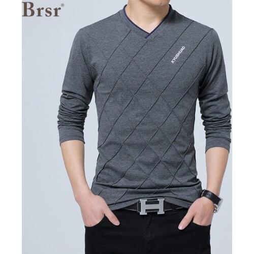 BRSR Spring And Fashion Autumn Men T-shirt Slim Fit Custom Crease Design Long Stylish Luxury V Neck Fitness Tee T Shirt Tshirt