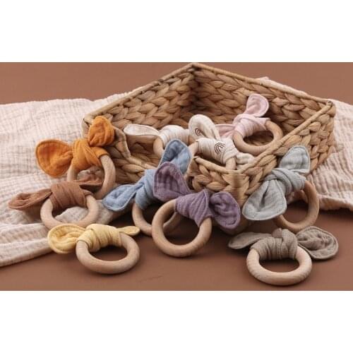 Baby Rabbit Ear Teether Safe Organic Wood Teething Ring Infant Nursing Training Montessori Toys Gift