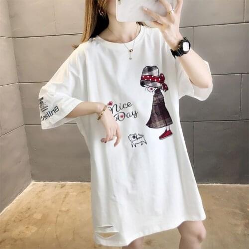 Womens T Shirt Mid-length Large Size Thin Short Sleeve T Shirt Female 2021 Summer New Korean Loose Embroidered Ins Tshirt Women