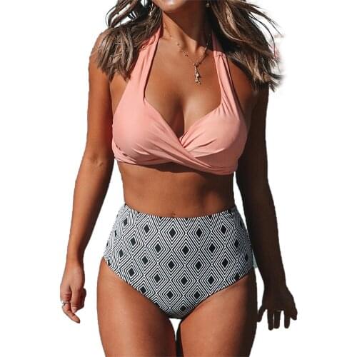 2020 New Women Sexy Bikini Set Female Pink Halter Top+High Waist Shorts Two Pieces Biquini Brazilian Swimming Beach Swimwear