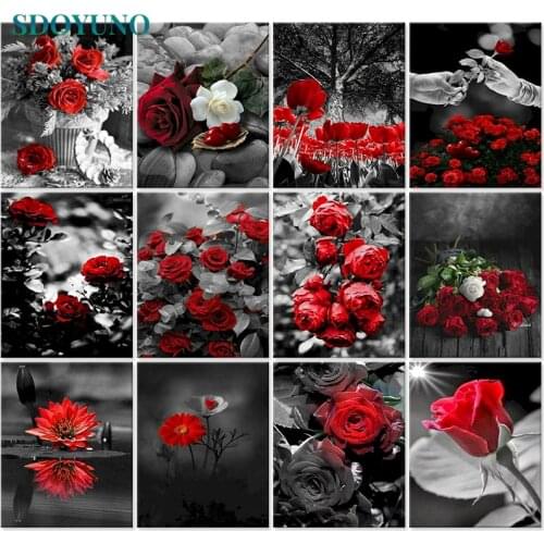 SDOYUNO 60x75cm Oil Painting By Numbers Red Flower DIY Paint By Numbers For Adult Frameless Digital Painting On Canvas Unique Gi